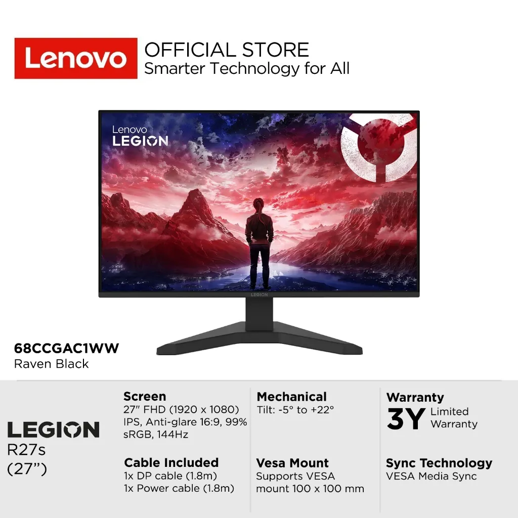 Lenovo Monitor Gaming Legion R27s C1WW 27" FHD IPS 144Hz VESA Media Sync 99% sRGB Antiglare 3-side NearEdgeless Tilt Stand VESA DisplayPort HDMI Monitor 27inch 68CCGAC1WW Raven Black Garansi Resmi Lenovo Indonesia 3 Tahun