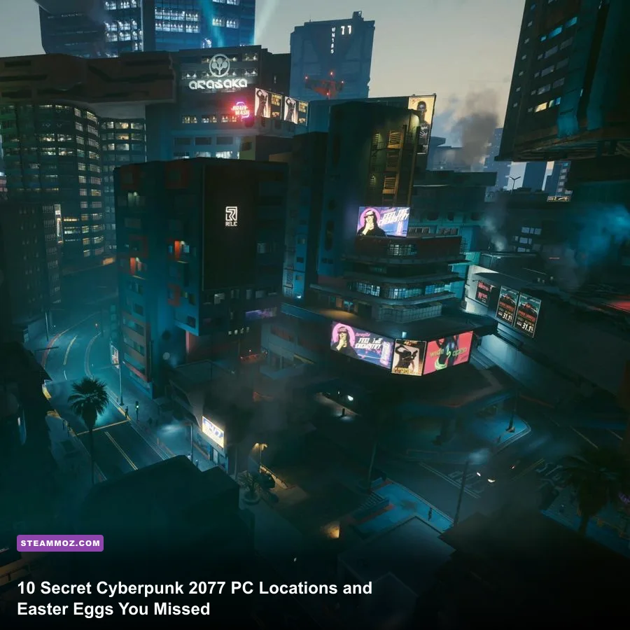 High vantage point overlooking the neon skyline of Night City in Cyberpunk 2077 on PC