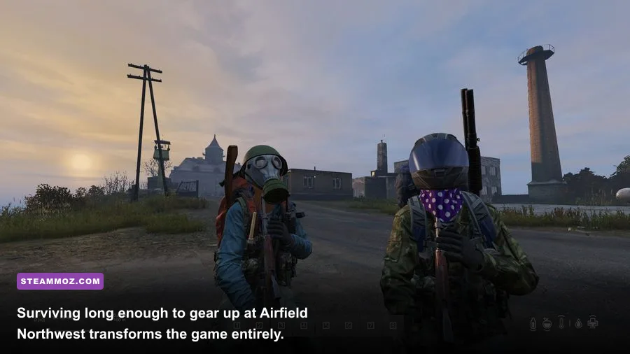 A geared DayZ survivor holding a DMR rifle at Northwest Airfield