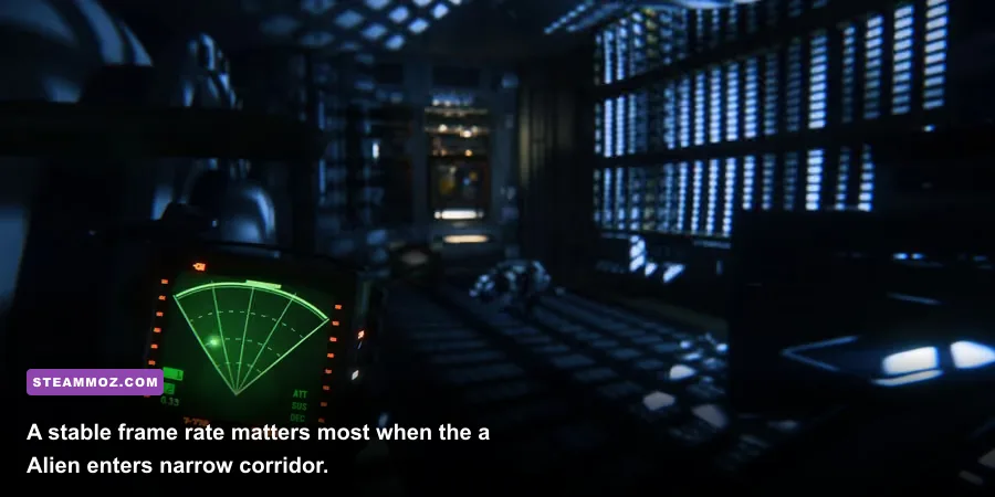 Xenomorph stalking through a dark Sevastopol corridor in Alien Isolation