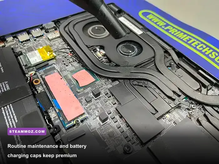 Clean laptop internal hardware components showing battery and exhaust fans