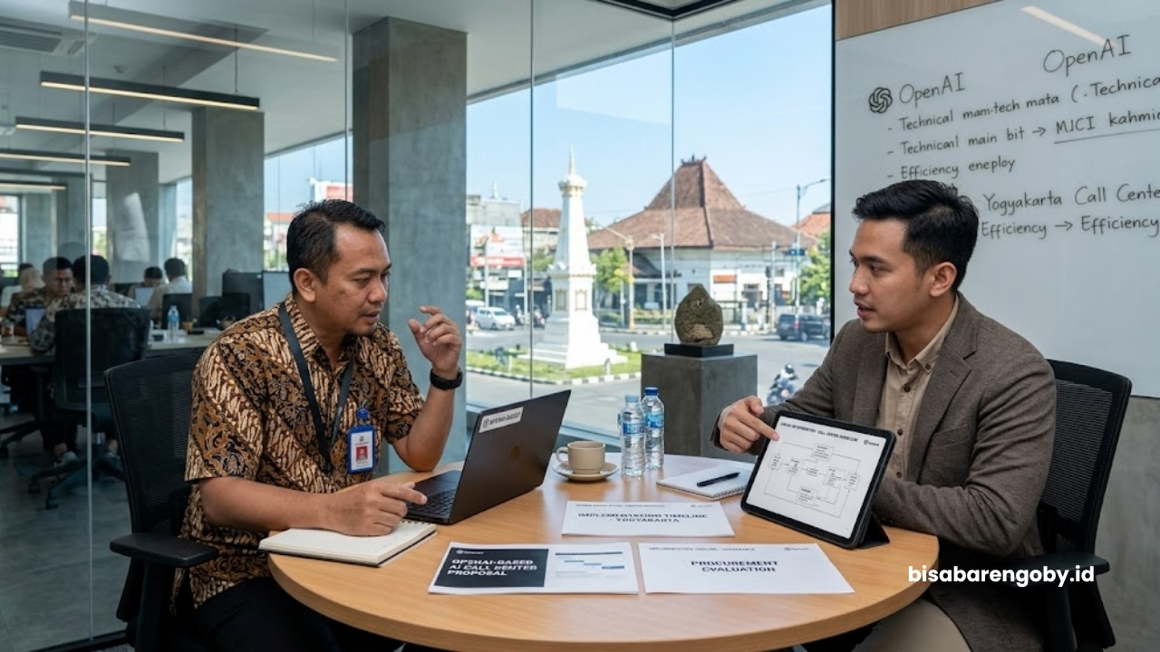 Manajer pengadaan berdiskusi dengan konsultan AI Call Center untuk perusahaan di Yogyakarta berbasis OpenAI