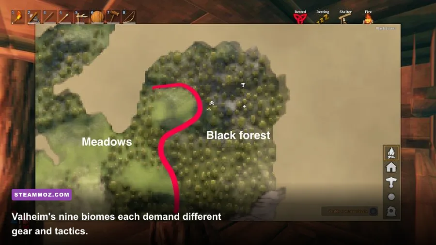 Valheim's nine distinct biomes shown across a procedurally generated world