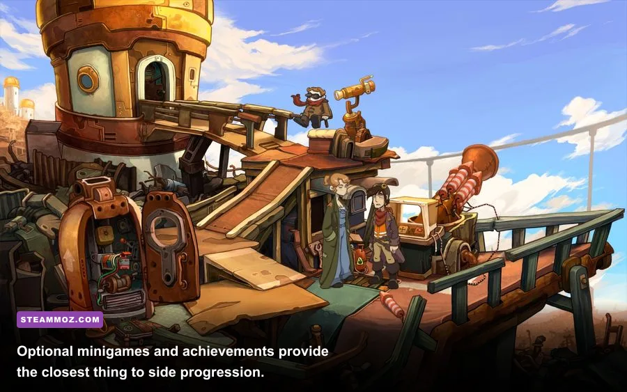 Deponia carnival puzzle area with Rufus and interactive objects