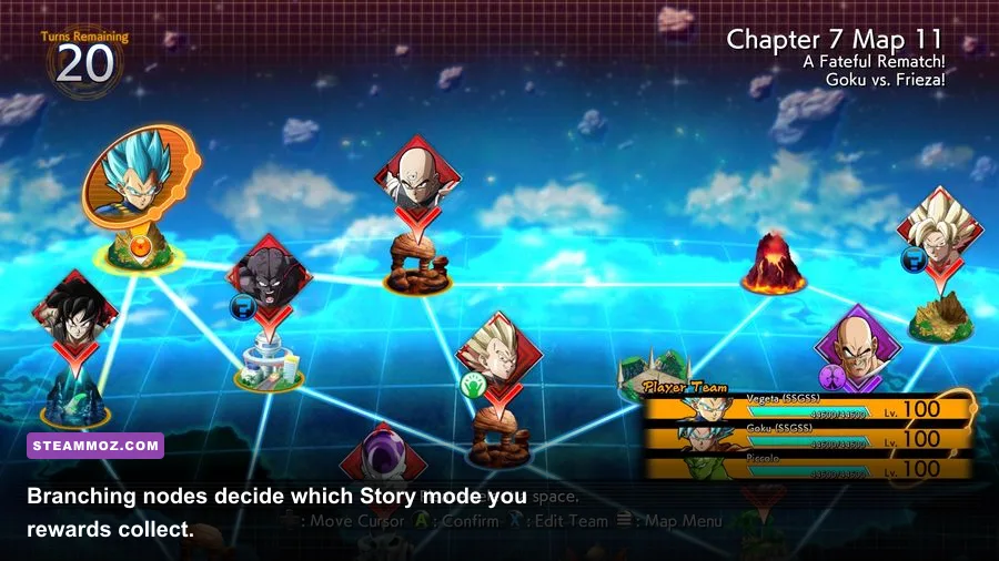 DRAGON BALL FighterZ Story mode branching map with enemy and ally nodes