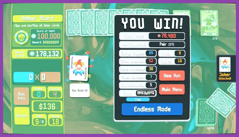 Balatro victory screen displaying final run stats