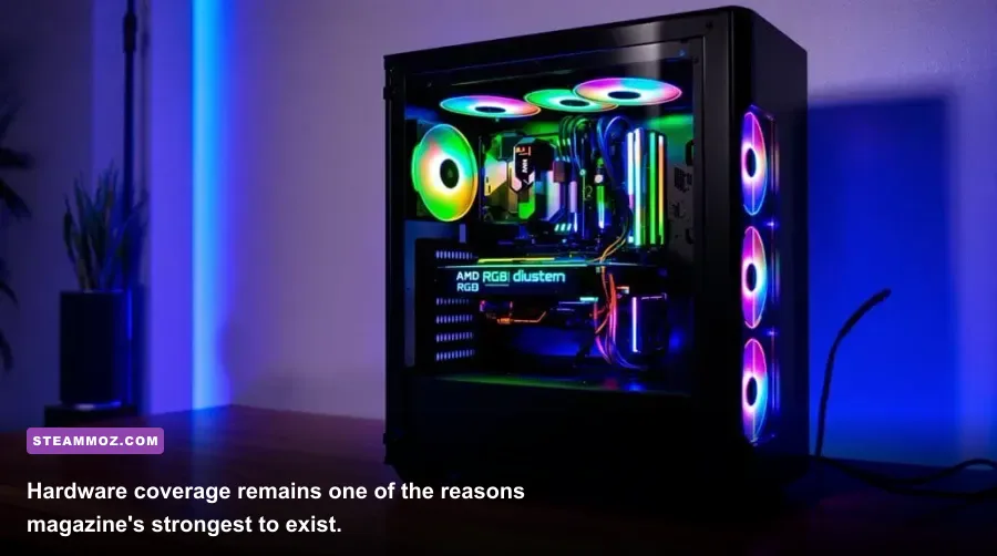 PC gaming hardware test bench with graphics card and monitor