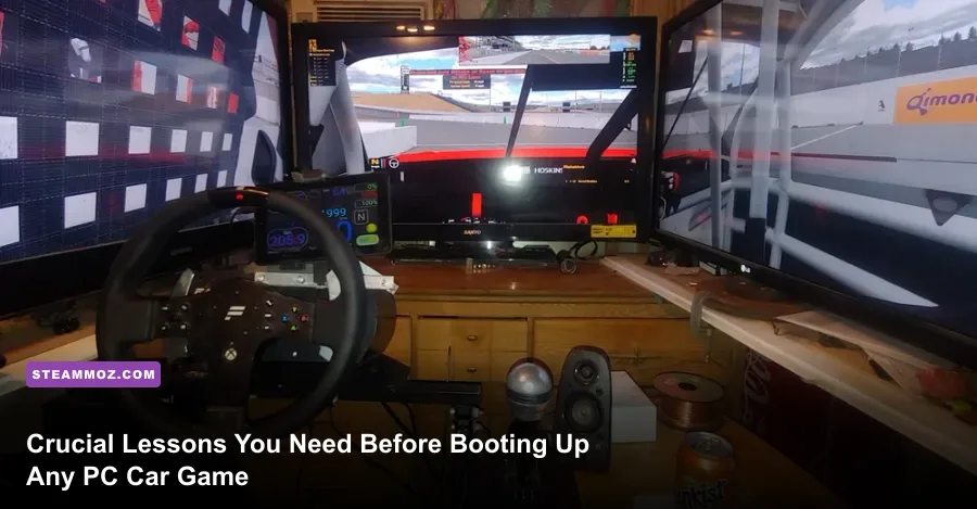 PC sim racing cockpit setup featuring a direct drive wheel and triple monitors