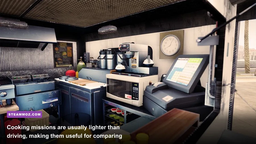 Food Truck Simulator cooking station inside the food truck during PC gameplay
