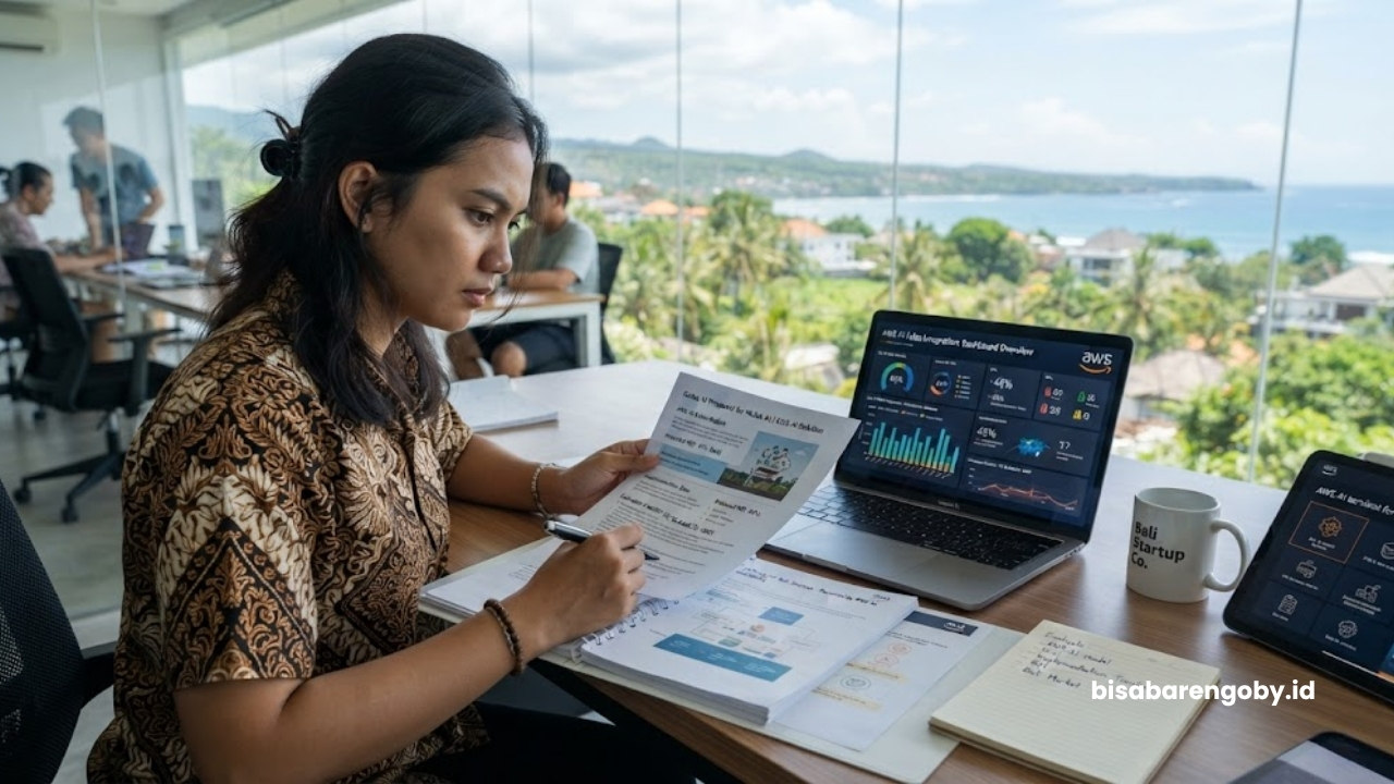 Manajer penjualan mengevaluasi proposal sebelum memutuskan beli AI Sales untuk startup di Bali berbasis AWS AI