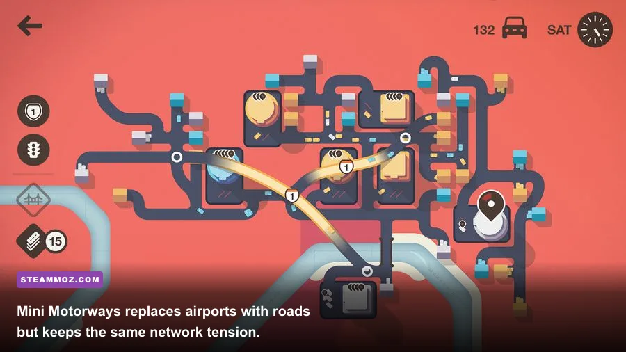 Mini Motorways road network connecting colored homes and destinations