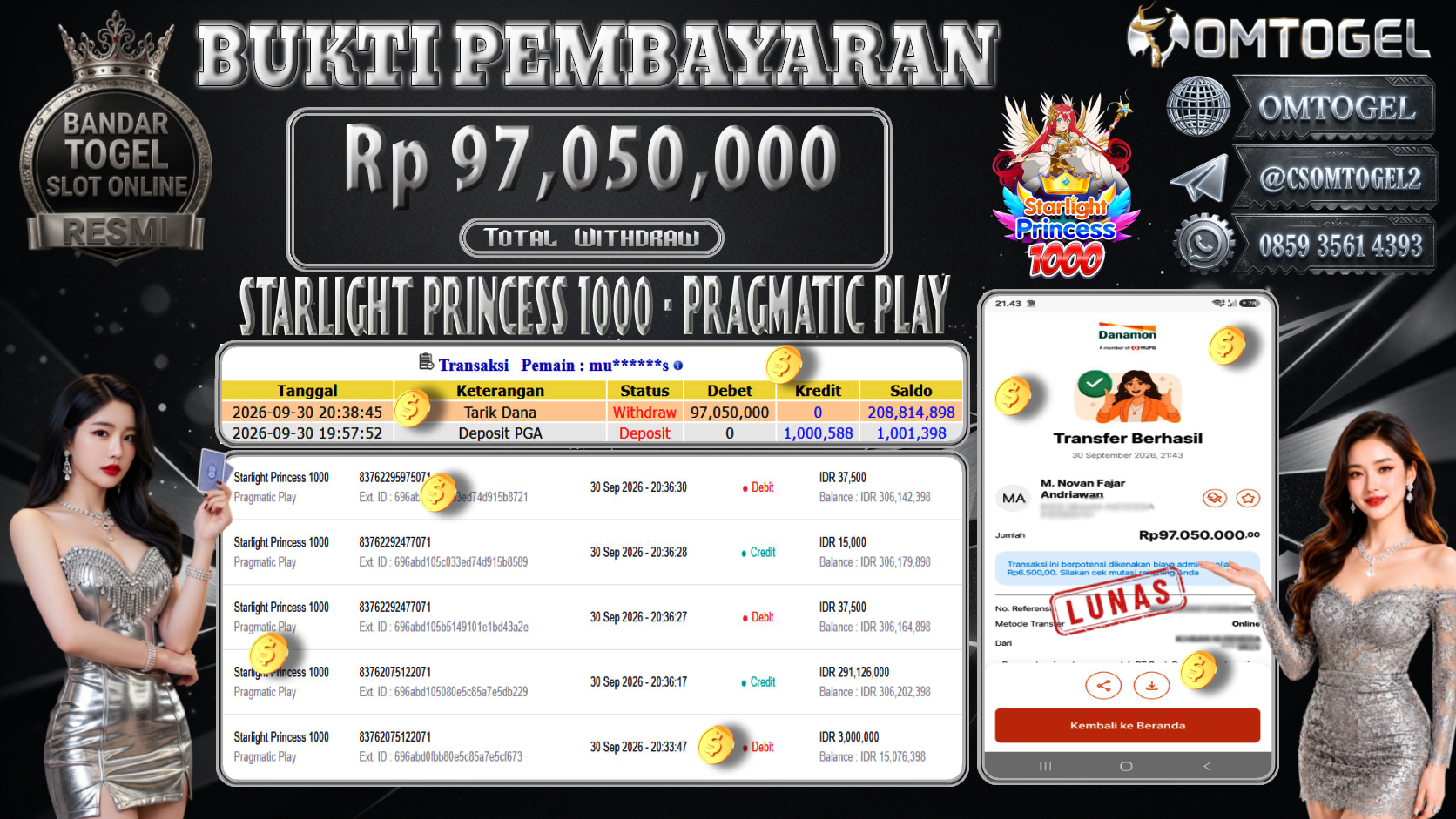 OMTOGEL JACKPOT PRAGMATIC PLAY STARLIGHT PRINCESS 1000 Rp.97,050,000,- DIBAYAR LUNAS
