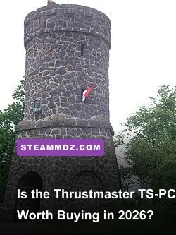 Thrustmaster TS-PC Racer steering wheel mounted to a PC sim racing desk