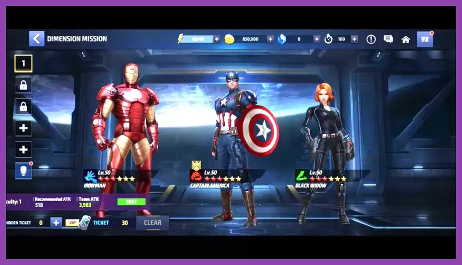 Dimension Missions screen in Marvel Future Fight