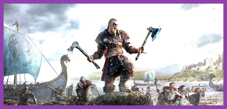 Cover art of Assassin's Creed Valhalla featuring Eivor with his axe
