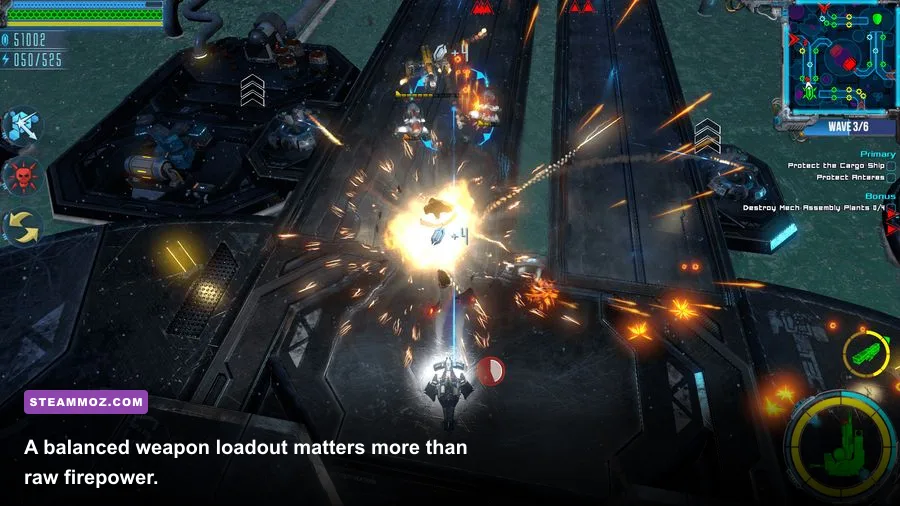 Excubitor player ship using multiple weapons during space combat