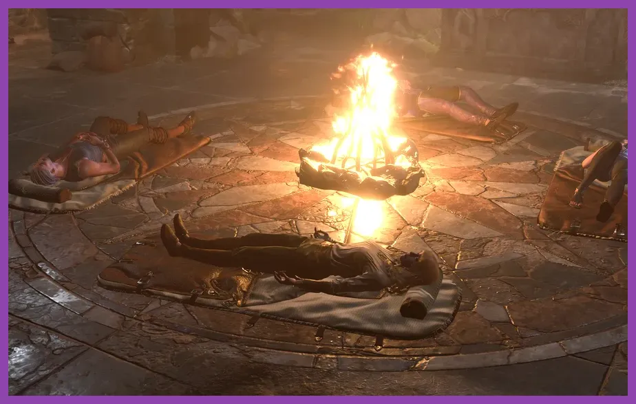 Baldur's Gate 3 party resting at camp
