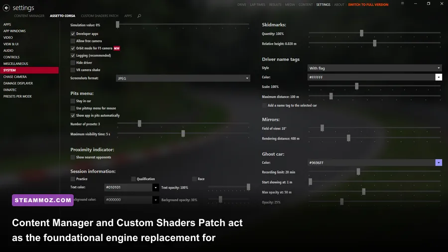 Content Manager custom user interface displaying graphics and shaders patch options