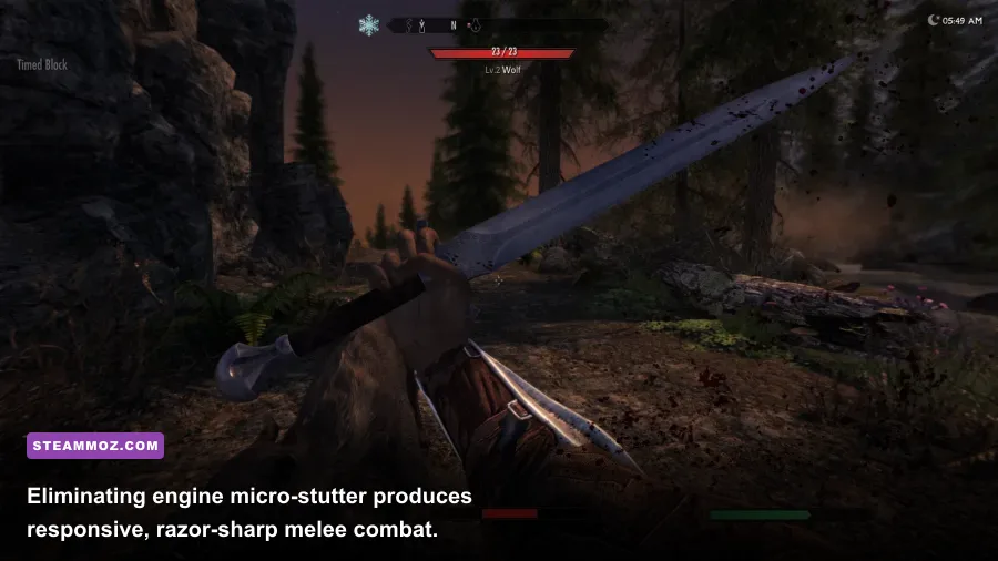 First-person sword combat in Skyrim with smooth frame pacing
