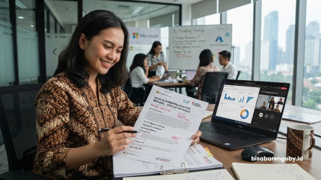 Manajer pemasaran mengevaluasi dokumen proposal saat mencari jasa AI Marketing untuk startup di Indonesia berbasis Azure AI