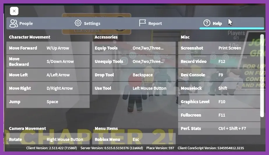 Roblox in-game settings and controls