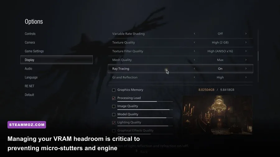 Resident Evil 4 Remake PC graphics settings menu showing VRAM allocation bar