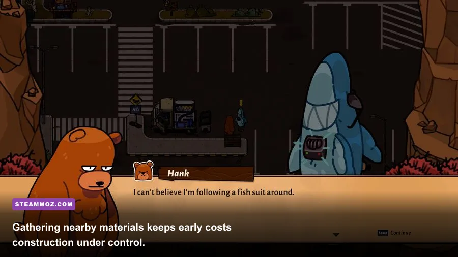 Hank gathering wood and construction materials in Bear and Breakfast