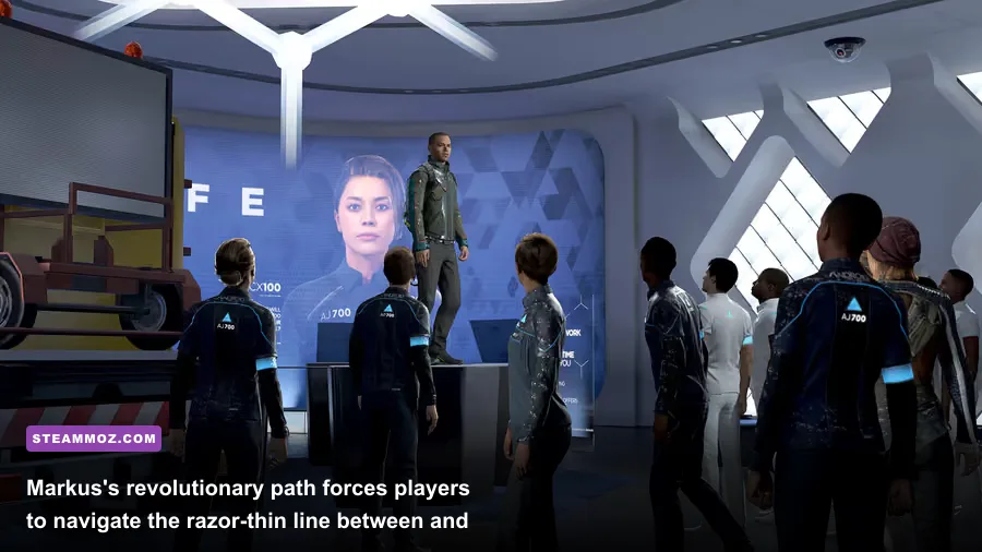 Markus raising his hand while delivering a speech to deviant androids at Capitol Park