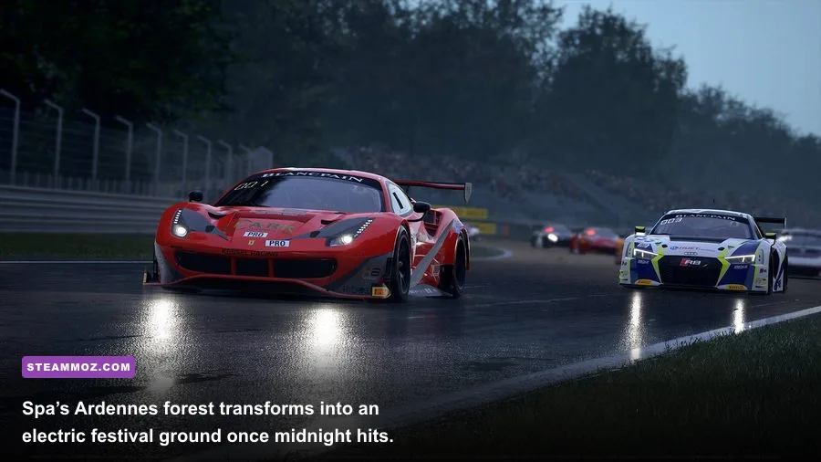 Night racing at Spa-Francorchamps with dynamic lighting and festival tents in the distance