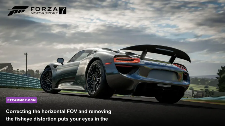 Panoramic triple-monitor setup showcasing corrected cockpit field of view in Forza Motorsport 7