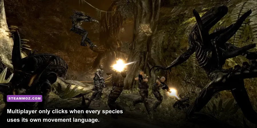 Marine, Alien and Predator battling in Aliens vs. Predator multiplayer