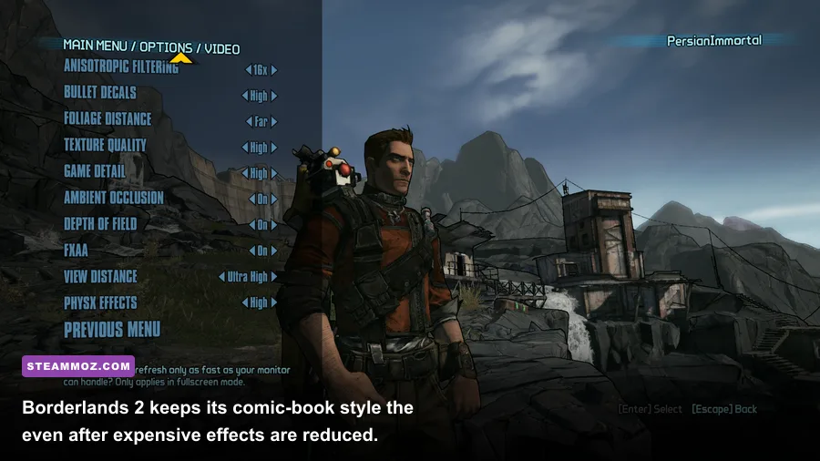 Borderlands 2 Pandora cel-shaded environment running at high PC settings