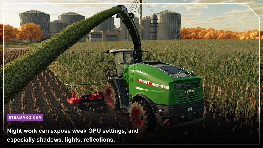 Farming Simulator 22 PC night farming scene with headlights and illuminated buildings