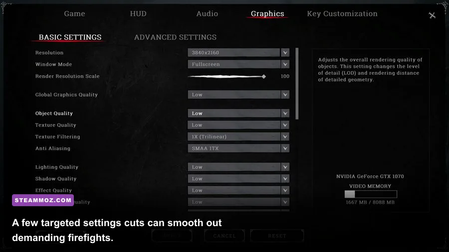 Hunt Showdown 1896 graphics settings menu showing quality and performance options