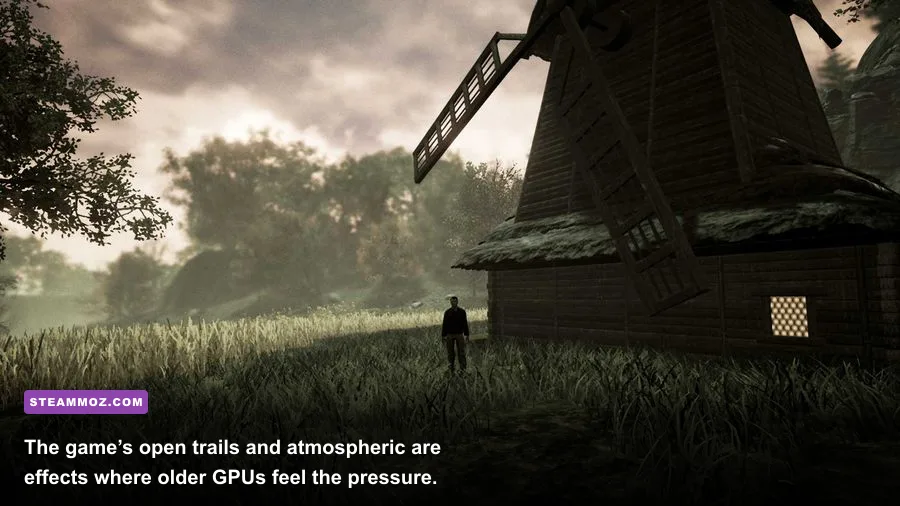 Drizzlepath Glass gameplay showing a rocky path through a foggy mountain environment