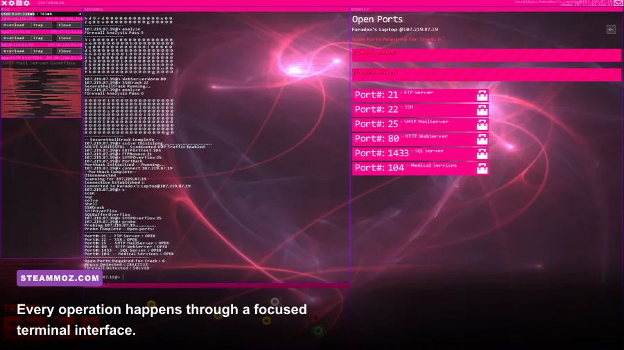 Hacknet gameplay showing terminal commands, network nodes, and a trace countdown