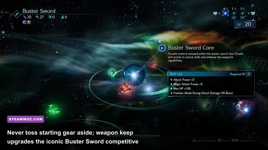 Weapon upgrade tree for Cloud's Buster Sword showing unlocked sub-cores and stat nodes