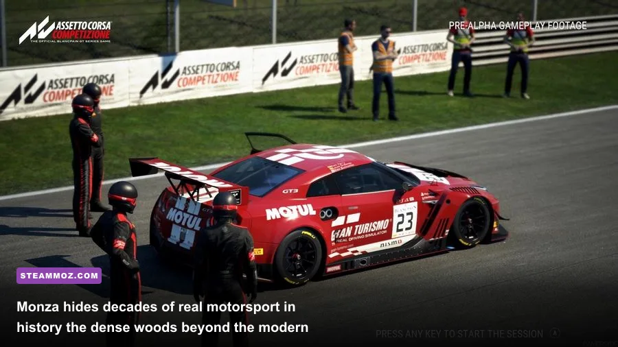 The derelict concrete banking of the historic Monza oval in Assetto Corsa Competizione