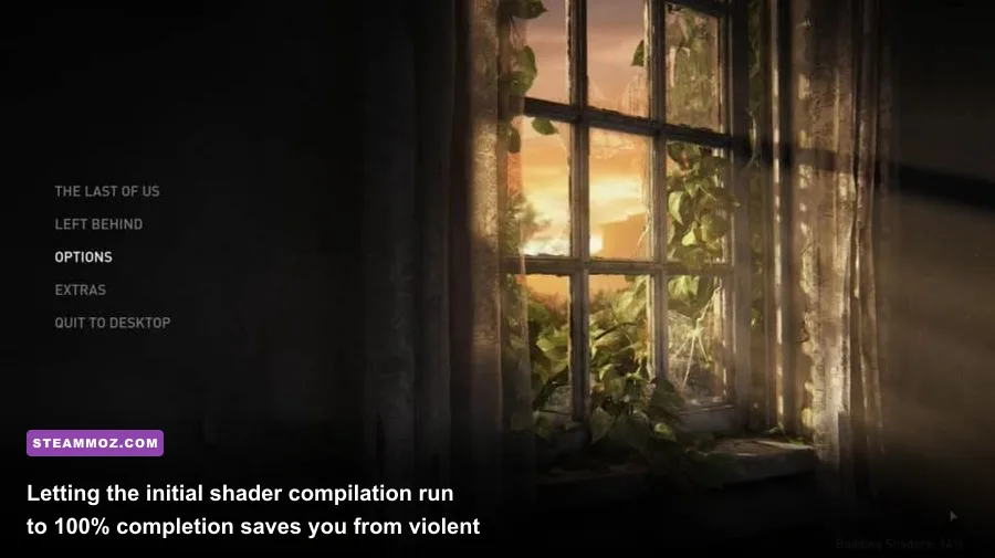The Last of Us Part 2 main menu displaying shader building progress bar