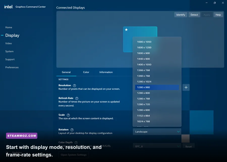 Central Intelligence display settings menu showing resolution and fullscreen options