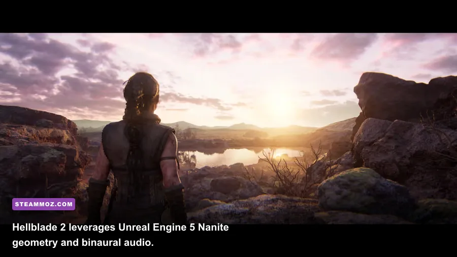 Senua traversing the harsh volcanic landscape of Hellblade 2