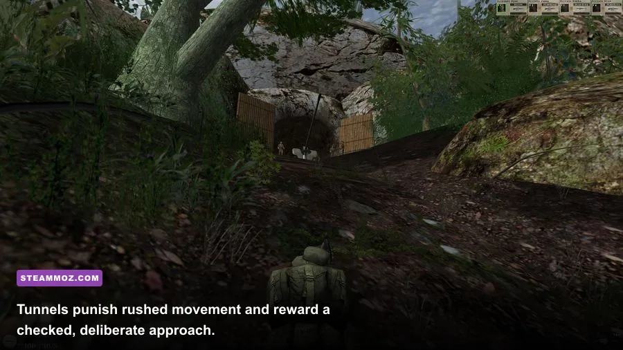 Elite Warriors Vietnam player entering a dark Viet Cong tunnel