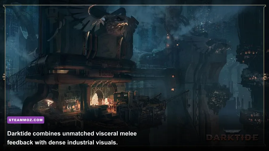 A fireteam fighting horde enemies in Warhammer 40000 Darktide hive city