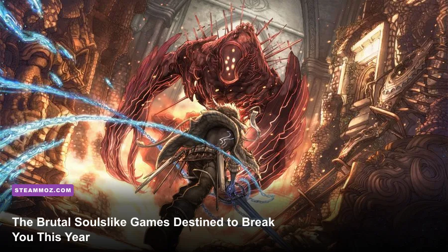 A dark fantasy soulslike protagonist facing a towering boss in a ruined cathedral