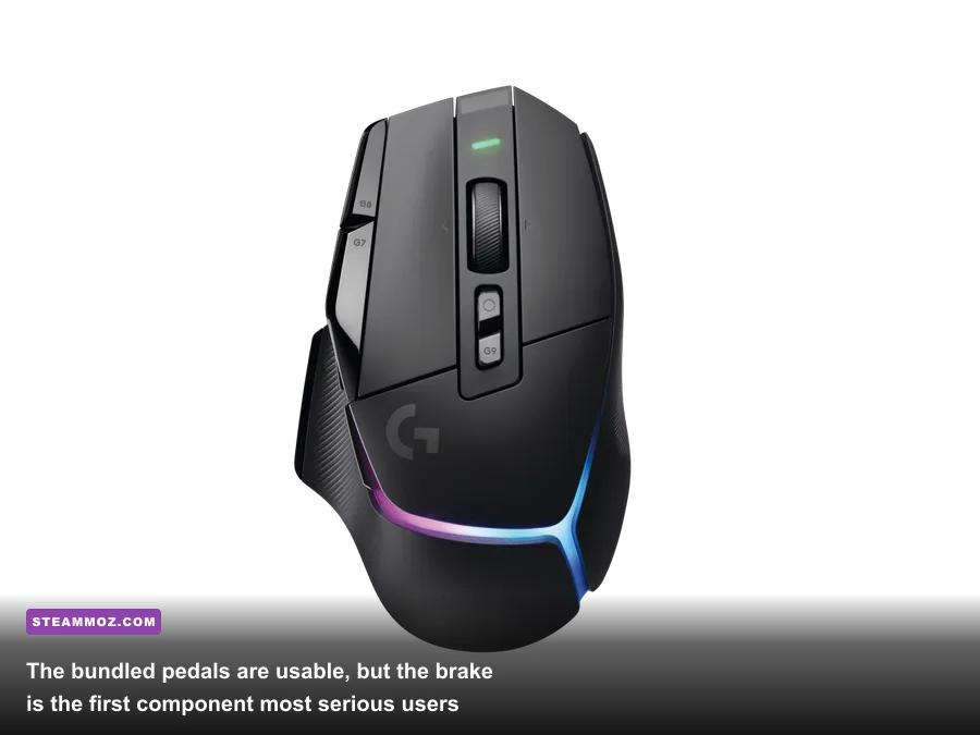 Close-up of the Logitech G29 three-pedal set and optional Driving Force Shifter