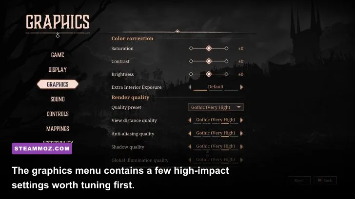 Edge of Sanity graphics settings menu with resolution and quality options