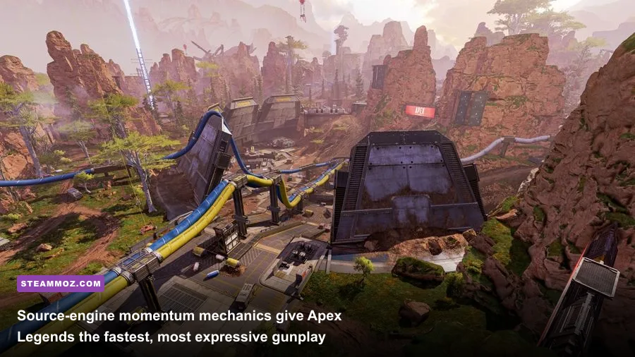 High-velocity downhill slide and weapon engagement in Apex Legends