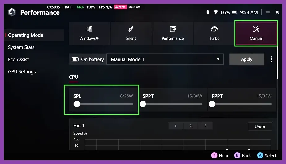 ROG Ally manual TDP curves for battery life and performance