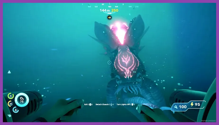 Subnautica 2 player hiding from a massive aquatic predator