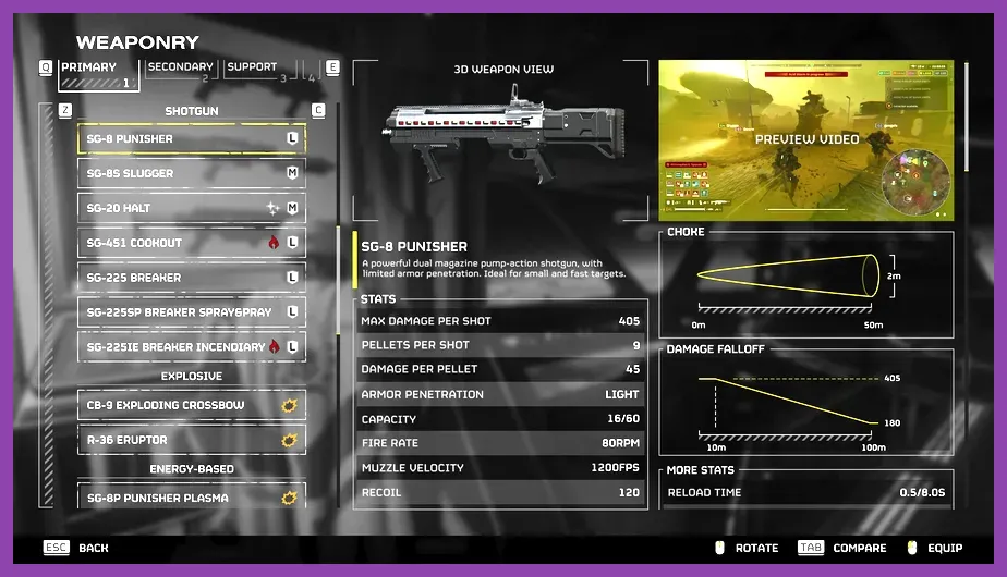Helldivers 2 armory UI showing primary and support weapon selection screen